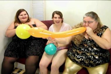 Wild  Balloon Party Part 1 - This is the beginning of the ladies balloon breaking party for angie kimber the lovely birthday gal! Her two guest are nurse vicki and jasmine! Hey all love to blow up balloons and try to make them explode! They also try to pop them with their butts or stepping on them watch them have a great time joking about the worm shaped balloons who cant resist saying what they remind her of and they bounce on them as if they were!