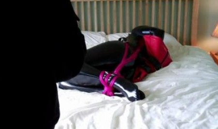 D K Bondage - Karina Catsuited Hooded And In A Rubber Armbinder D K Bondage - Karina Catsuited Hooded And In A Rubber Armbinder