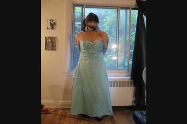 Prom Dress Bound - Vanessa is bound and gagged in a blue prom dress and blue leather gloves