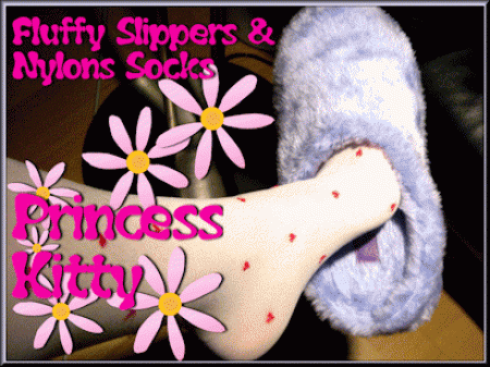 Suck My Toes Sugar - Princess swinging leg, showing off, wearing fluffy slippers and white nylons knee-high stocking socks with hearts, dangling and wriggling her toes! "come on *****, suck my toes!"