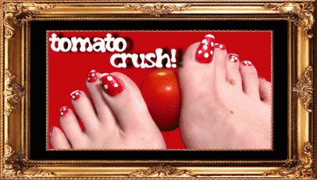 Tomato Crush - This could be your testes, your balls, I was thinking! Watch me carve tomato like a surgeon with my fetish long painted toenails and crush the living daylights out of it with sinister smashing stomps! Not a single piece escapes my wrath.