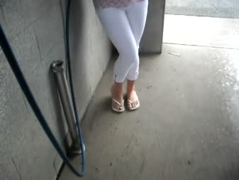 Public Car Wash Wetting In Skintight White Jeans